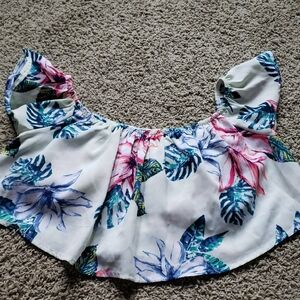Crop Top Flare Sleeve Tropical Blue & Pink Floral Print